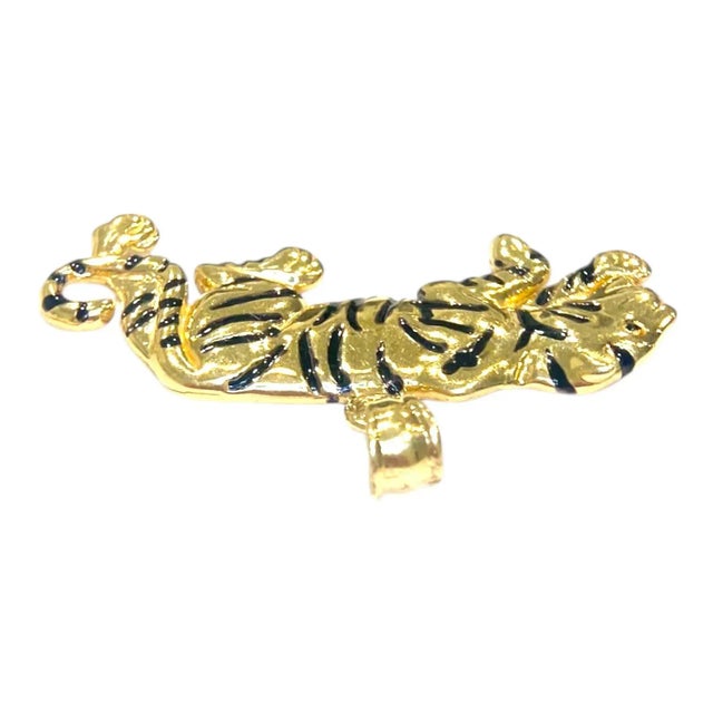 Vintage 14k Yellow Gold Black Enamel Tiger Pendant For Sale - Image 4 of 8