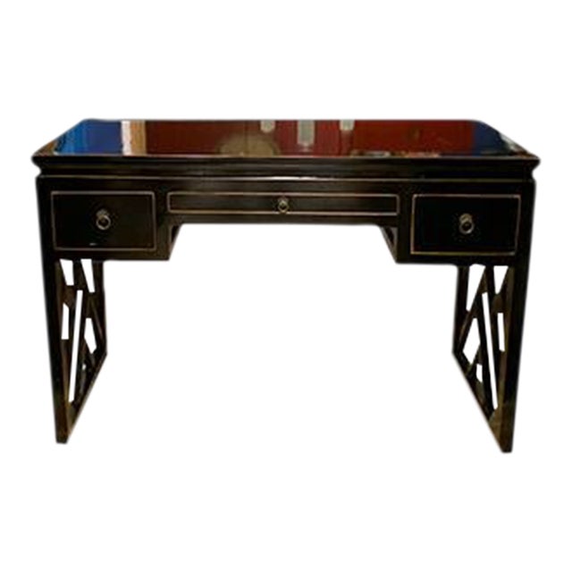Asian Black Lacquer Panel Legs Writing Desk For Sale