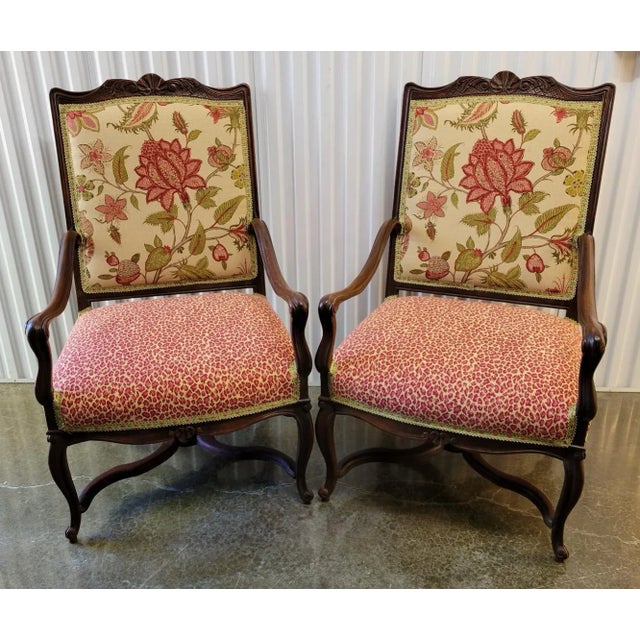 Antique French Louis XV Style Walnut Armchairs With Designer Upholstery - a Pair For Sale - Image 10 of 10