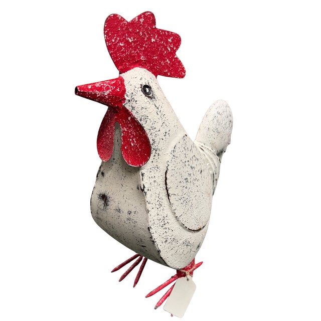 This rare, rustic vintage painted metal rooster is a perfect addition to any indoor or outdoor farmhouse or cottagecore...