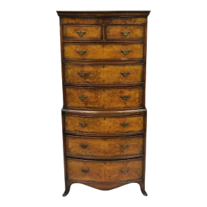 19th C English George II Burl Walnut Chest on Chest Dresser Chest of 8 Drawers