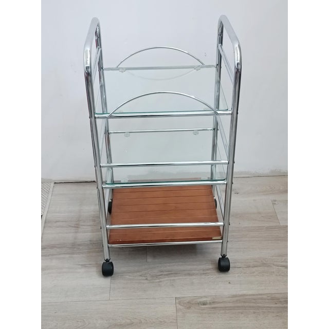 Beautiful Allibert serving cart/side table on casters. Made in France, 1990s. Chrome-plated tubular metal frame. Removable...