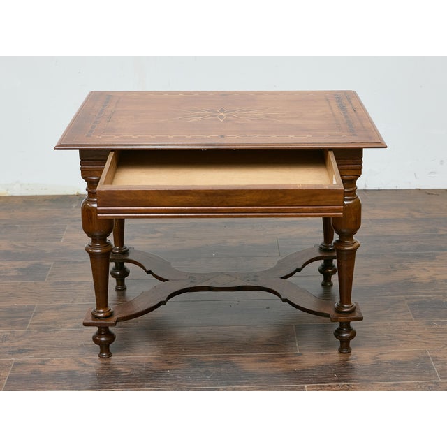 Italian Walnut Table with Star Inlay and Turned Legs, 19th Century For Sale In Atlanta - Image 6 of 12