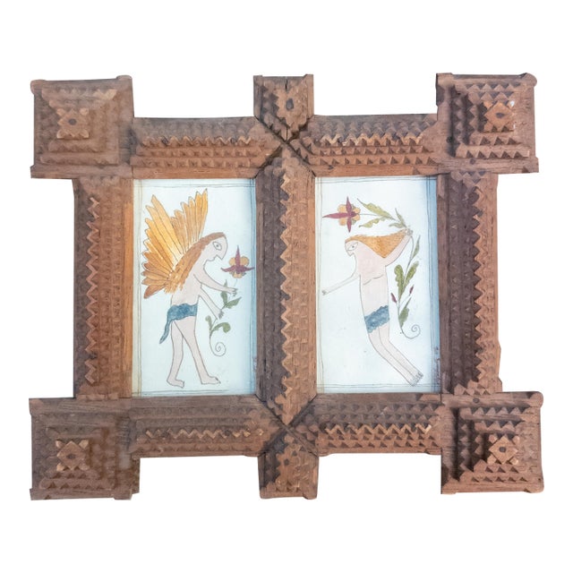 Early 20th Century Folk Art Tramp Art Double Picture Frame With Watercolors For Sale