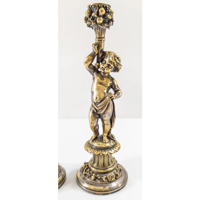 19th Century Pair of French Silvered Bronze Candlestick in Cherub or Putti Form For Sale In New York - Image 6 of 12