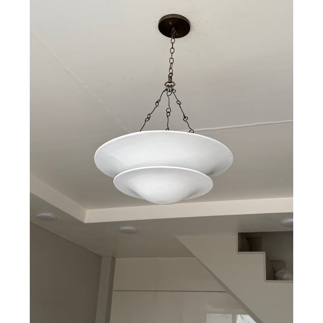 Matte White Layered Pendant Light | 4-Light Steel Shade Chandelier With Black Antique Brass Chain For Sale - Image 6 of 18