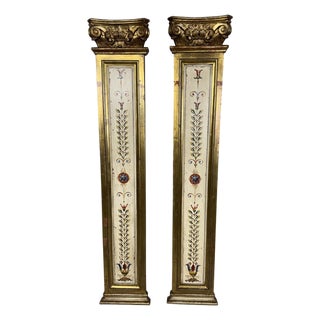 Antique Gilt Architectural Pilasters, Hand-Painted Floral Motifs, 1950 For Sale