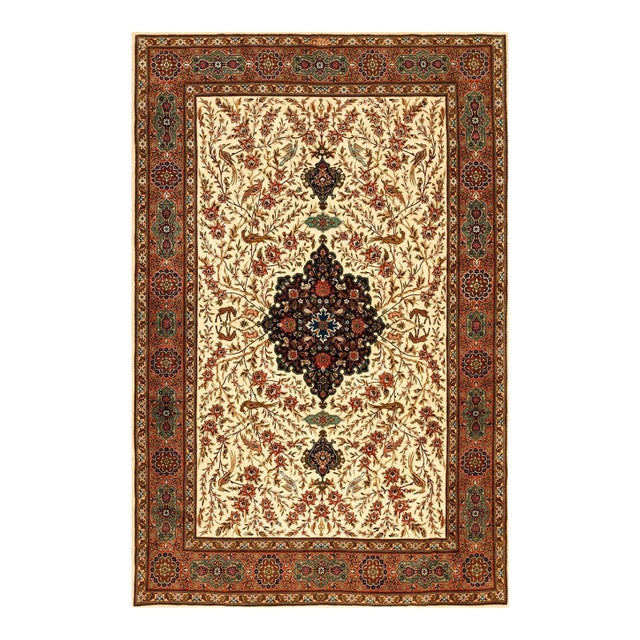 1940s Ivory Medallion Antique Persian Tabriz Rug 5'9" X 8'10" Knotted Pile Wool Carpet For Sale