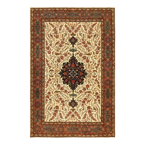 1940s Ivory Medallion Antique Persian Tabriz Rug 5'9" X 8'10" Knotted Pile Wool Carpet