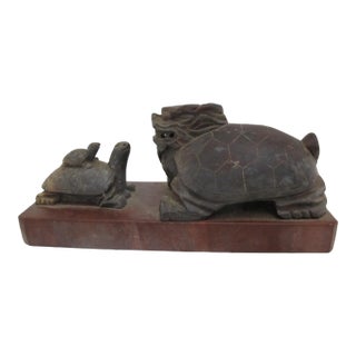 Chinese Carved Brown Stone Dragon Turtle Facing Mother & Baby Figurine on Base For Sale