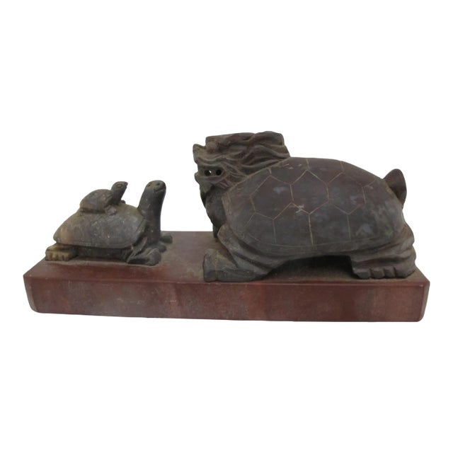 Chinese Carved Brown Stone Dragon Turtle Facing Mother & Baby Figurine on Base For Sale