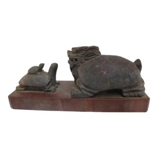 Chinese Carved Brown Stone Turtle With Baby and Dragon Turtle on Base Sculpture For Sale