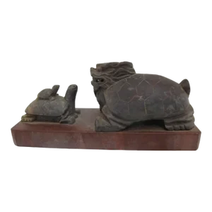 Chinese Carved Brown Stone Turtle With Baby and Dragon Turtle on Base Sculpture
