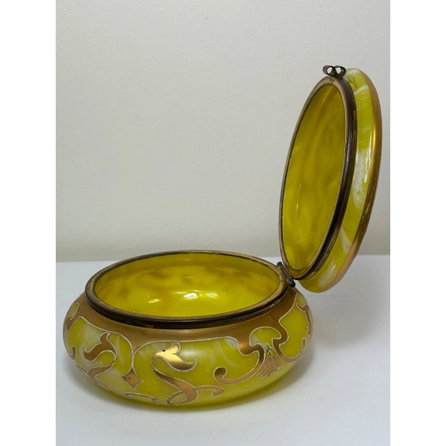 Art Nouveau Early 1900s Antique Small Loetz Art Glass Yellow Golden Trinket Box For Sale - Image 3 of 11