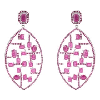 Art Deco Geometric Ruby Lattice Drop Earrings in 925 Sterling Silver, A Pair For Sale