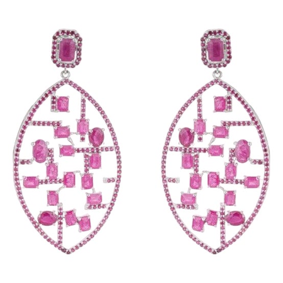 Art Deco Geometric Ruby Lattice Drop Earrings in 925 Sterling Silver, A Pair For Sale