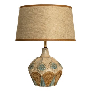 Round Ceramic Table Lamp with Silk Lampshade attributed to René Houben, 1970s For Sale