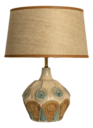 Round Ceramic Table Lamp with Silk Lampshade attributed to René Houben, 1970s