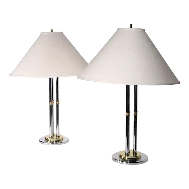 Late 20th Century Hollywood Regency Chrome and Brass Table Lamps - a Pair For Sale