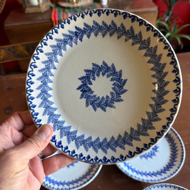 Set of 6 Antique Blue Cut Sponge Fern Plates, 8", Scottish or English, 19th Century A matched set of six antique blue...