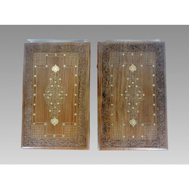 Wood Inlaid Solid Teak Side / End or Drinks Tables, Hand Carved With Copper & Brass, Glass Tops - A Pair For Sale - Image 7 of 9