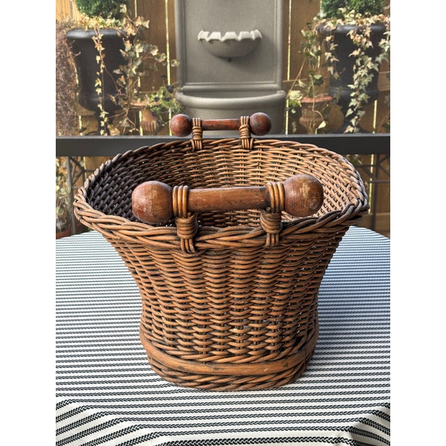 Wood Vintage French Wicker Basket With Turned Wood Handles & Wood Slatted Base For Sale - Image 7 of 16