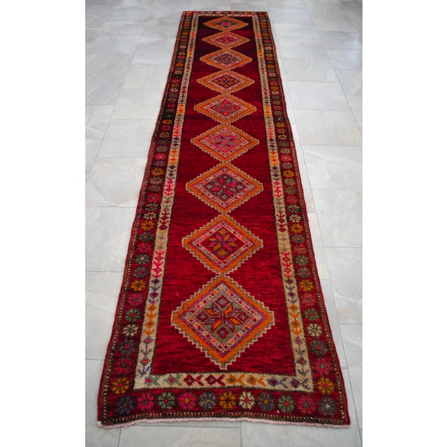 1960s Turkish Hand-Knotted Runner Rug Kitchen Hallway Decor Red & Pink 3x13 Ft Approx For Sale - Image 10 of 16