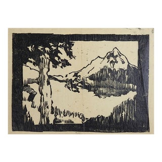 Vintage Mountain Landscape Linocut Print For Sale