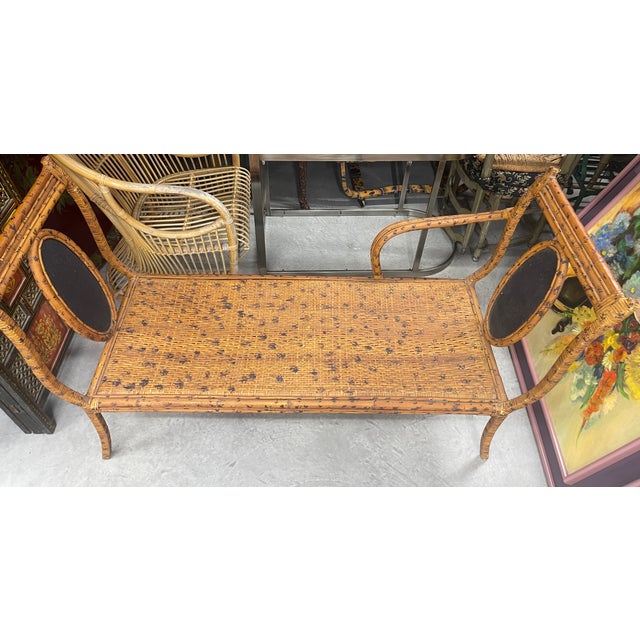 Mid-Century Bohemian Burnt Rattan Daybed Bench With Authentic Hand-Woven Cane Seat For Sale In West Palm - Image 6 of 18