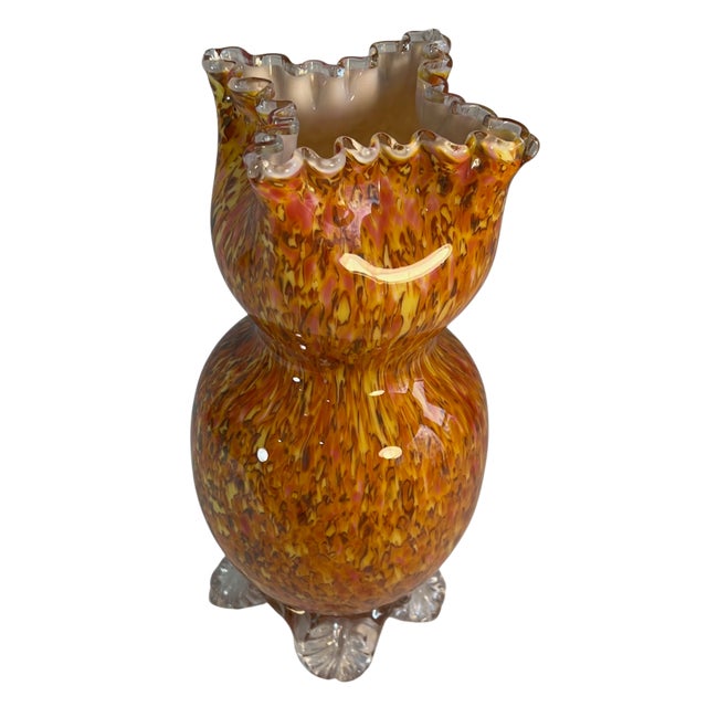 Antique Franz Welz Style Art Glass Orange Confetti Vase With Crimped Lip For Sale - Image 14 of 18