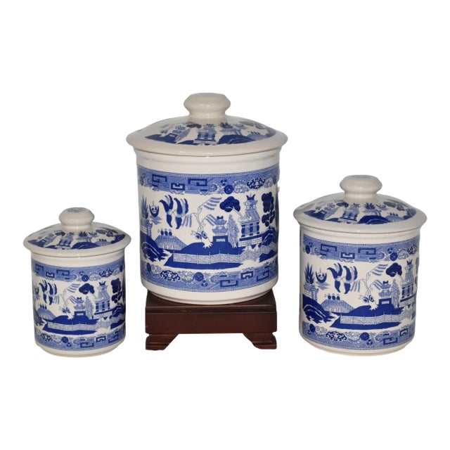 Early 20th Century Transferware Blue Willow 3 Piece Canister Set Blue White Ceramic Canisters For Sale