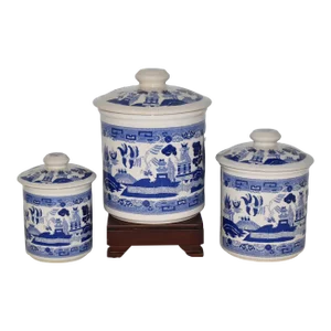 Early 20th Century Transferware Blue Willow 3 Piece Canister Set Blue White Ceramic Canisters
