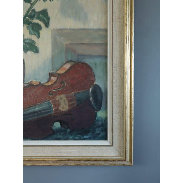 Brown Mid-Century Modern 'Violin & Flowers' Original Swedish Expressive Still Life Oil Painting, Framed For Sale - Image 8 of 14
