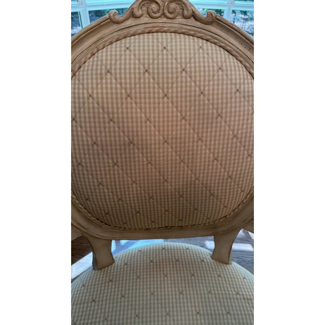 Set of 7 French Louis XVI Style Oval Back Dining Chairs – Distressed Painted Finish & Quilted Upholstery For Sale - Image 10 of 16