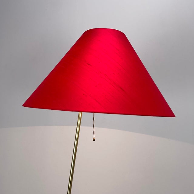 Floor Lamp with Crows Foot and Red Silk Lampshade, 1950s For Sale - Image 4 of 9