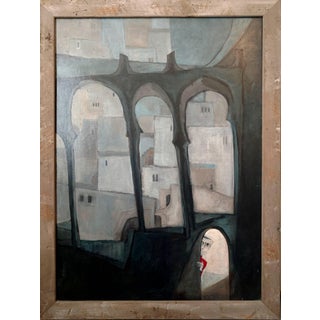 Baruch Elron, Large Surrealist Symbolist Painting, Peeking Child, Moorish Architectural Arches For Sale