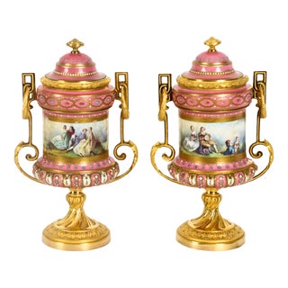19th Century French Ormolu Mounted Pink Sevres Lidded Vases, Set of 2 For Sale