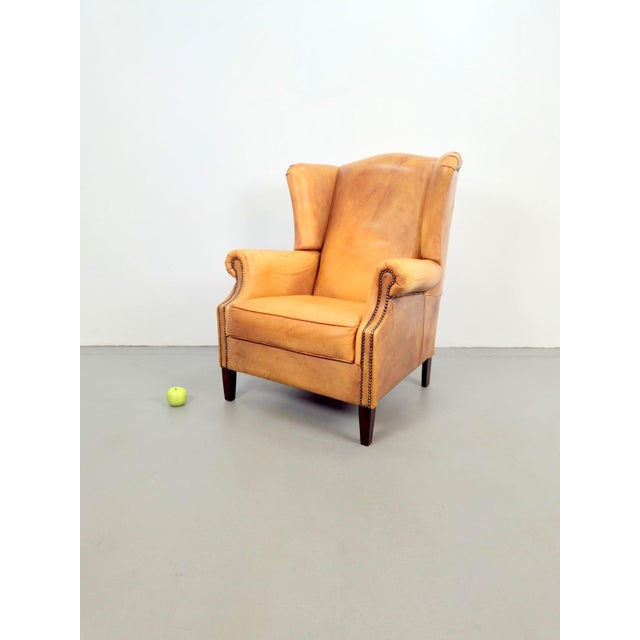 Khaki Vintage Sheepskin Leather Wing-Back Chair, 1970s For Sale - Image 8 of 13