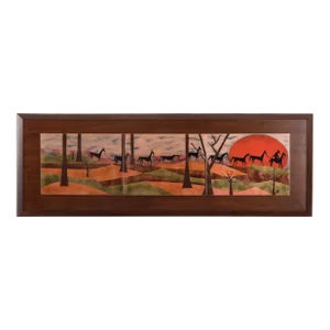 Mid Century Enamel Tile Freize Walnut Frame Three Panel Signed Jd