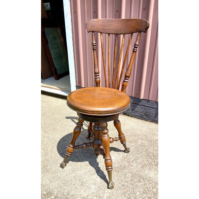 1890s Antique Quarter Sawn Oak High Back Organ Stool With Claw Feet For Sale - Image 4 of 17