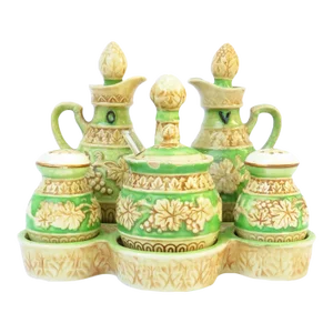 Vintage English Style Majolica Cruet / Condiment Set, Set of 5 + Tray