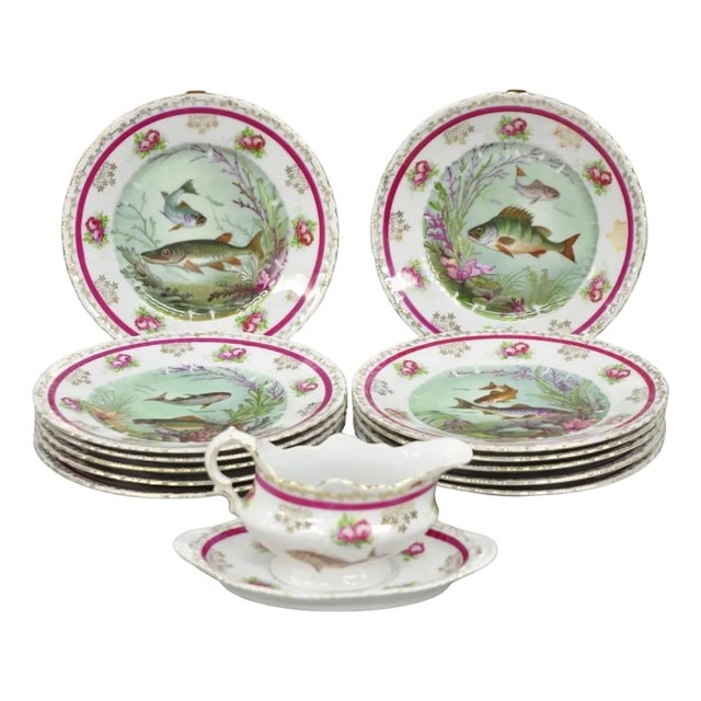 Early 20th Century (12) Victoria Carlsbad Austria, Porcelain Fish Plates & Gravy Sauce Boat For Sale