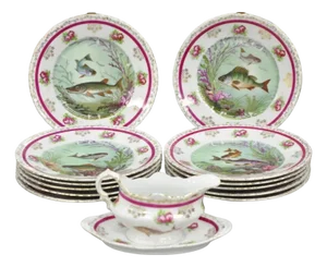 Early 20th Century (12) Victoria Carlsbad Austria, Porcelain Fish Plates & Gravy Sauce Boat