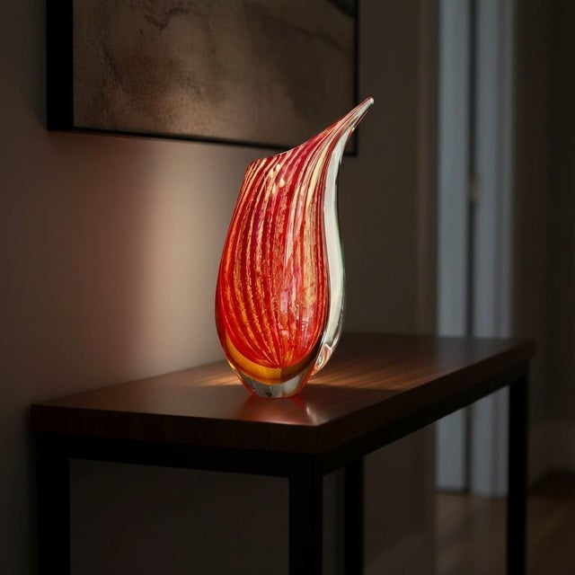 Murano Style Sommerso Art Glass Vase-Red Gold-Hand Blown-Modernist-Sculptural For Sale - Image 6 of 11