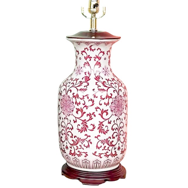 Mid 20th Century Chinoiserie Ginger Jar Table Lamp Rose Floral Scroll Wood Base For Sale In West Palm - Image 6 of 7