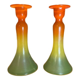 Vintage Pair of Glass Candle Sticks in Orange, Yellow and Green For Sale