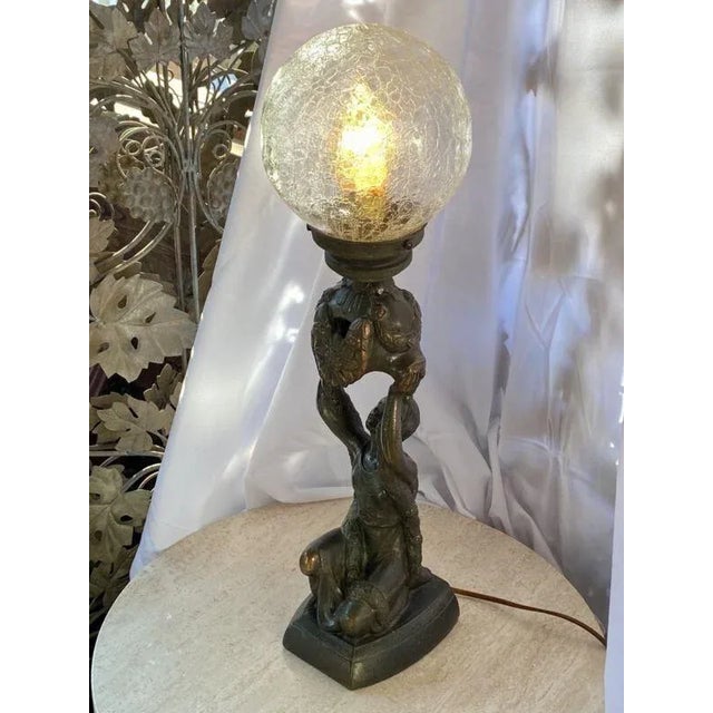 Metal 1920s Art Deco Joan of Arc Table Lamp, Orig Crackle Glass Shade La Belle Specialty Co For Sale - Image 7 of 12