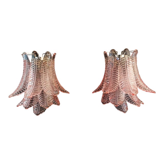 Pair of Murano Six-Tier Felci Wall Sconce – 10 Pink Glasses For Sale