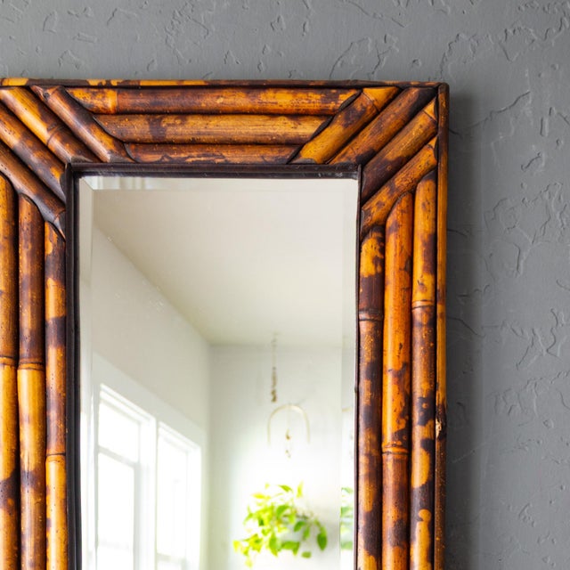 Wood Vintage Tortoise Shell Burnt Bamboo Bevelled Mirror For Sale - Image 7 of 15