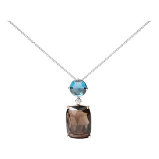 18K Rose and White Gold Diamond Accent and London Blue Topaz and Cushion Cut Smoky Quartz Gemstone Dangle Drop 18" Pendant Necklace For Sale